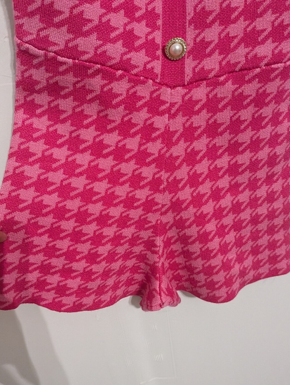 Pink Houndstooth Sleeveless Romper with Button Front - Picture 3 of 5